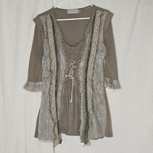 Y2k Pretty Angel Tunic Top Grey Green Tan Lace Up Sz L